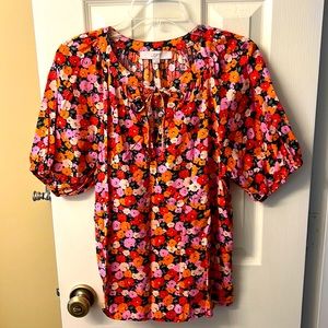LOFT short sleeved tie neck blouse, size Large.